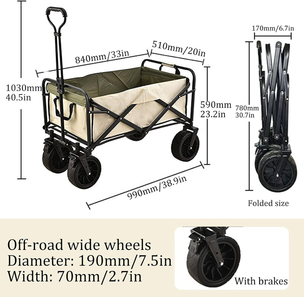 Bgarden Carts,Beige Collapsible Wagon,Sports Outdoor Utility Wagon Folding Garden Wagon Sports Steel Frame Foldable Yard Car Camping Cart with Side Pockets Off-Road Wheels