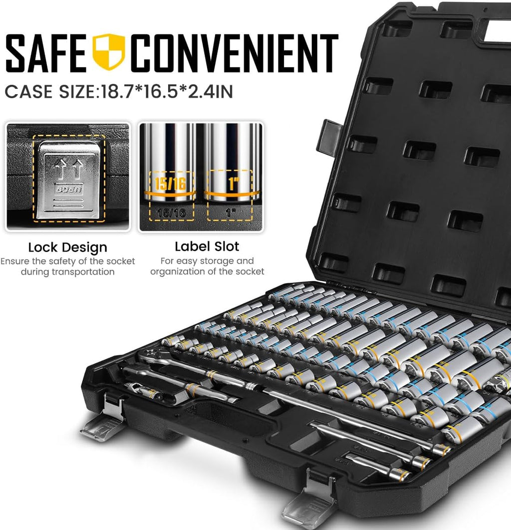 BOEN 3/8-Inch Drive Socket Wrench Set, 76-Piece Metric (6-24mm) & SAE (1/4' to 1'), Deep & Shallow Kit with Embossed & Painted Markings, Ratchet Handle, Spark Plug Sockets, Breaker Bar