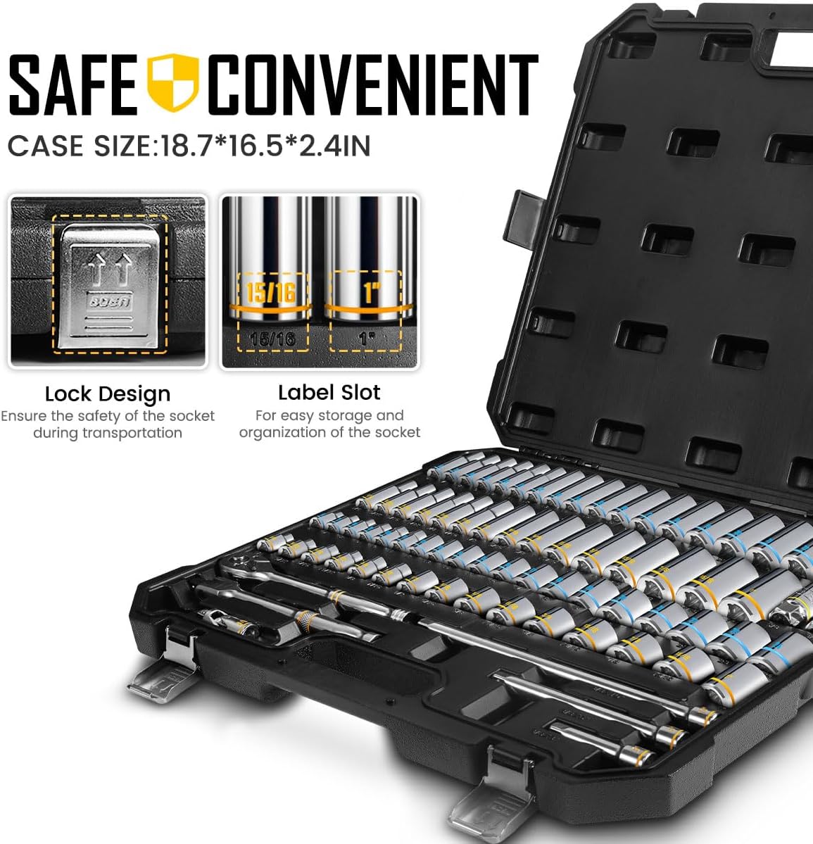 BOEN 3/8-Inch Drive Socket Wrench Set, 76-Piece Metric (6-24mm) & SAE (1/4' to 1'), Deep & Shallow Kit with Embossed & Painted Markings, Ratchet Handle, Spark Plug Sockets, Breaker Bar