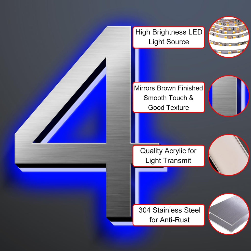 Illuminated Address Number 20 Inch, Backlit Illuminated LED House Number Enhanced Visibility, Modern Stainless Steel Lighted Address Signs, Brushed Silver, Blue Light,O