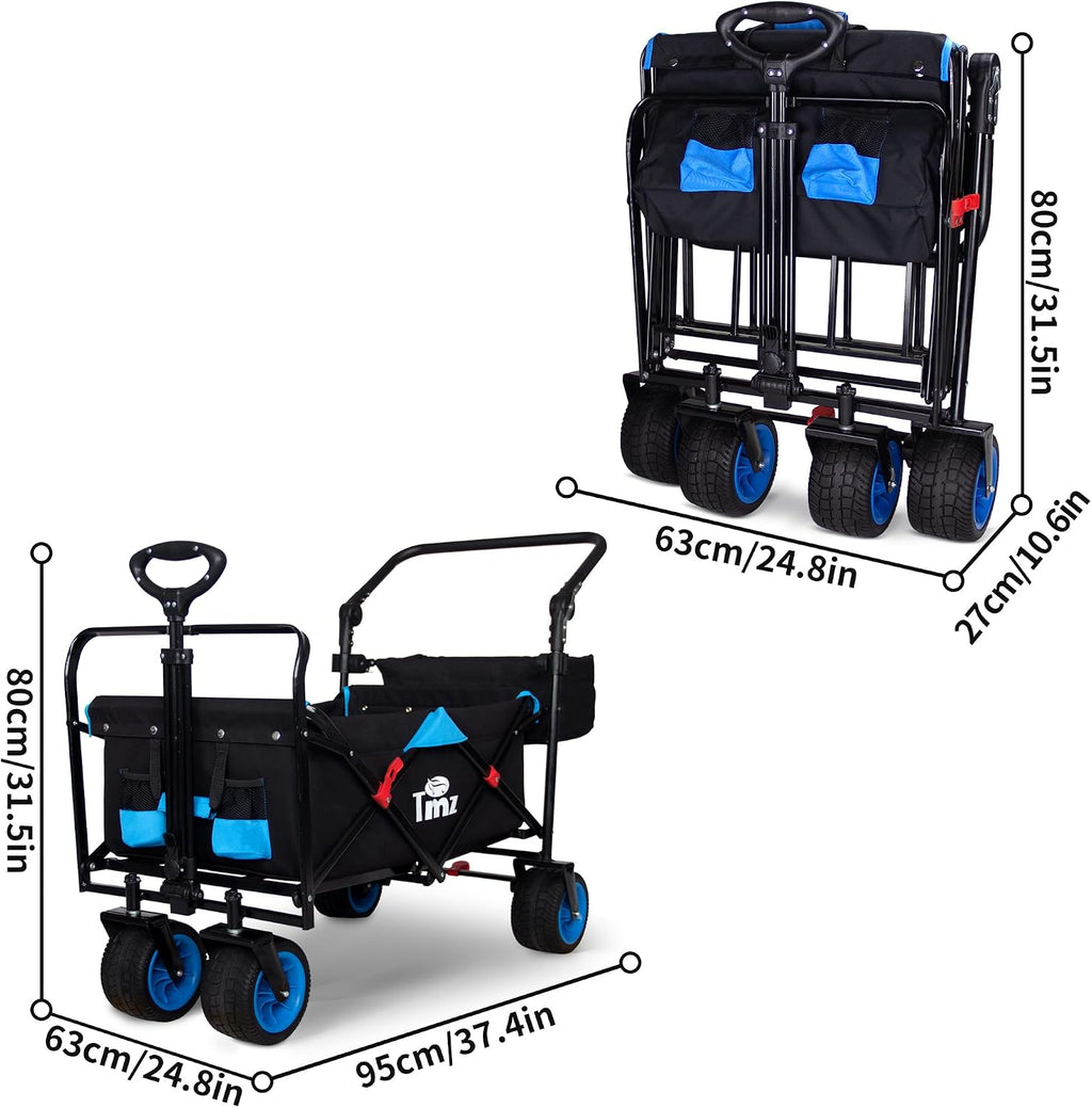 TMZ All Terrain Wide Wheel Utility Folding Wagon, Collapsible Garden Cart, Heavy Duty Beach Wagon Trolley with Adjustable Push Handle and Brake, 90 L Storage, Load of 120KG(Black/Blue)