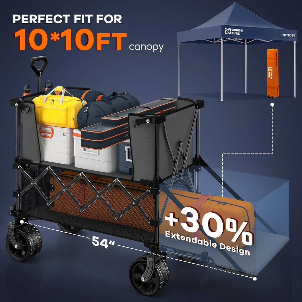 Originsure 400L Double Decker Wagon Collapsible with 54' L Tailgate, 560lbs Heavy Duty Carts Foldable, Extra Large Folding Beach Wagon with Big All-Terrain Wheels for Camping, Sports, Groceries, Grey