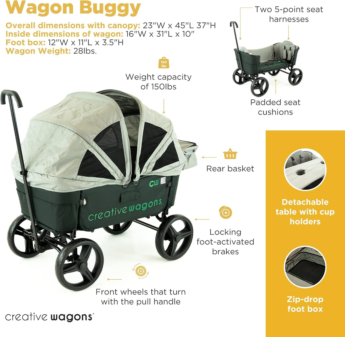 Creative Outdoor Wagon for Kids Push Pull Collapsible Stroller Wagon Buggy Transformable Bench Cart for Kids Cargo All Terrain, Removable Canopy