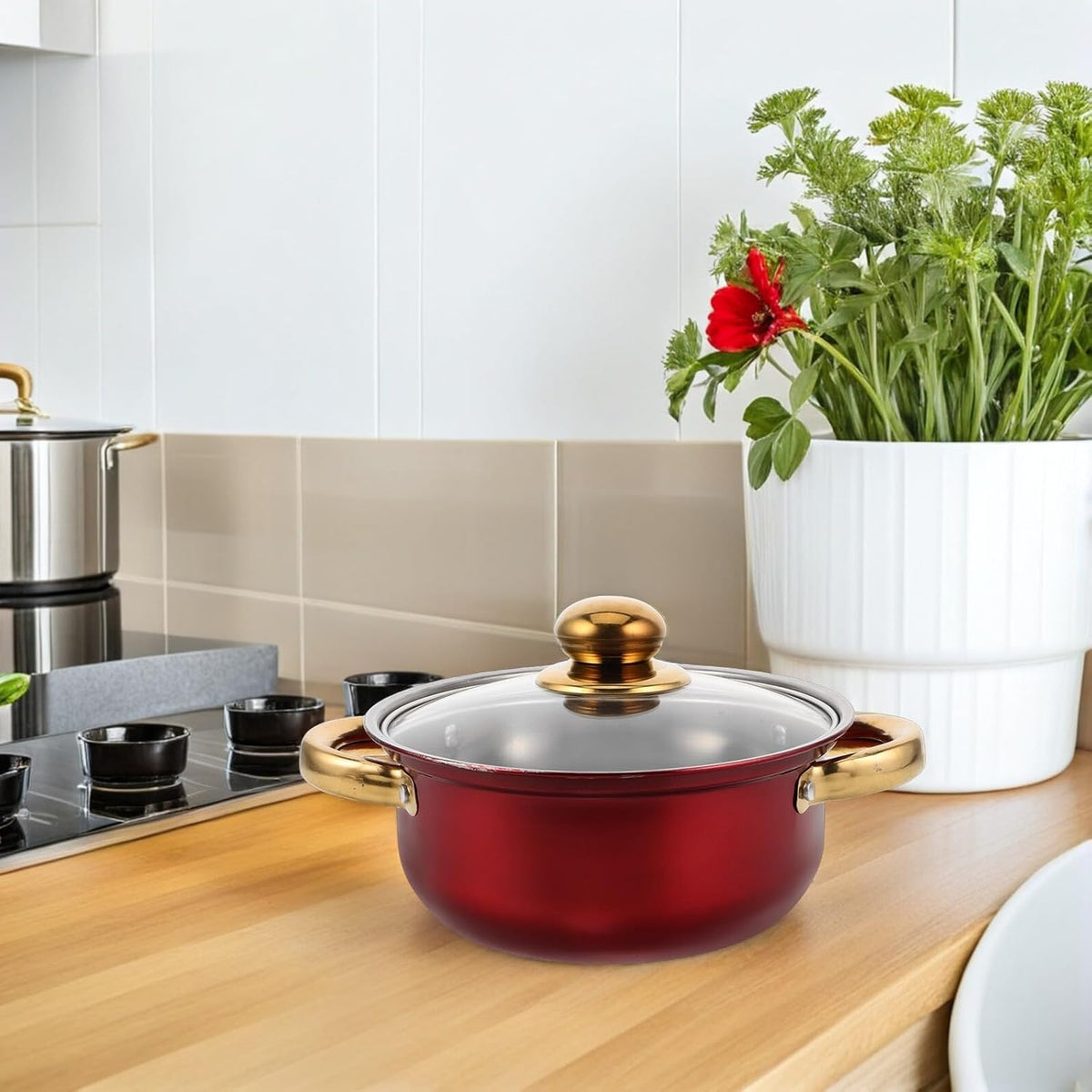 Nonstick Stainless Steel Cookware Set with Heat-resistant Gold Handles Versatile Pots and Frying Pans for Healthy Cooking and Easy Cleaning Stylish Kitchen Essential in Wine Red