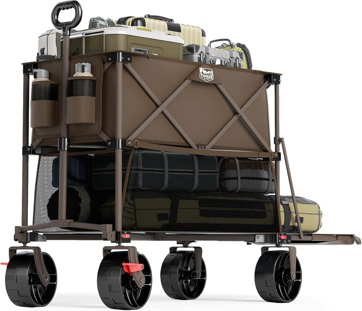 TIMBER RIDGE 400L Large Capacity Folding Double Decker Wagon with Brakes, 54' Extra Long Extender Wagon Cart, 450lbs Heavy Duty Collapsible Cart, All-Terrain Big Wheels for Camping, Sports, Shopping
