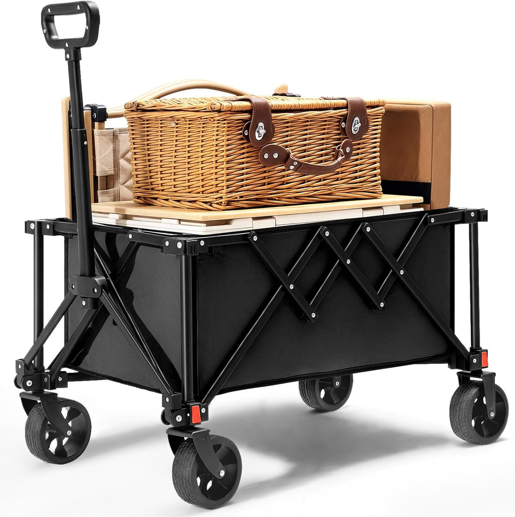 Collapsible Foldable Wagon Cart, Utility Garden Wagon with 220lbs Weight Capacity, Heavy Duty Lightweight Portable Grocery Wagon for Outdoor,Sports,Camping and Shopping, Black