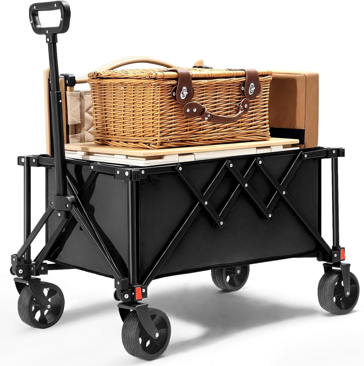 Collapsible Foldable Wagon Cart, Utility Garden Wagon with 220lbs Weight Capacity, Heavy Duty Lightweight Portable Grocery Wagon for Outdoor,Sports,Camping and Shopping, Black