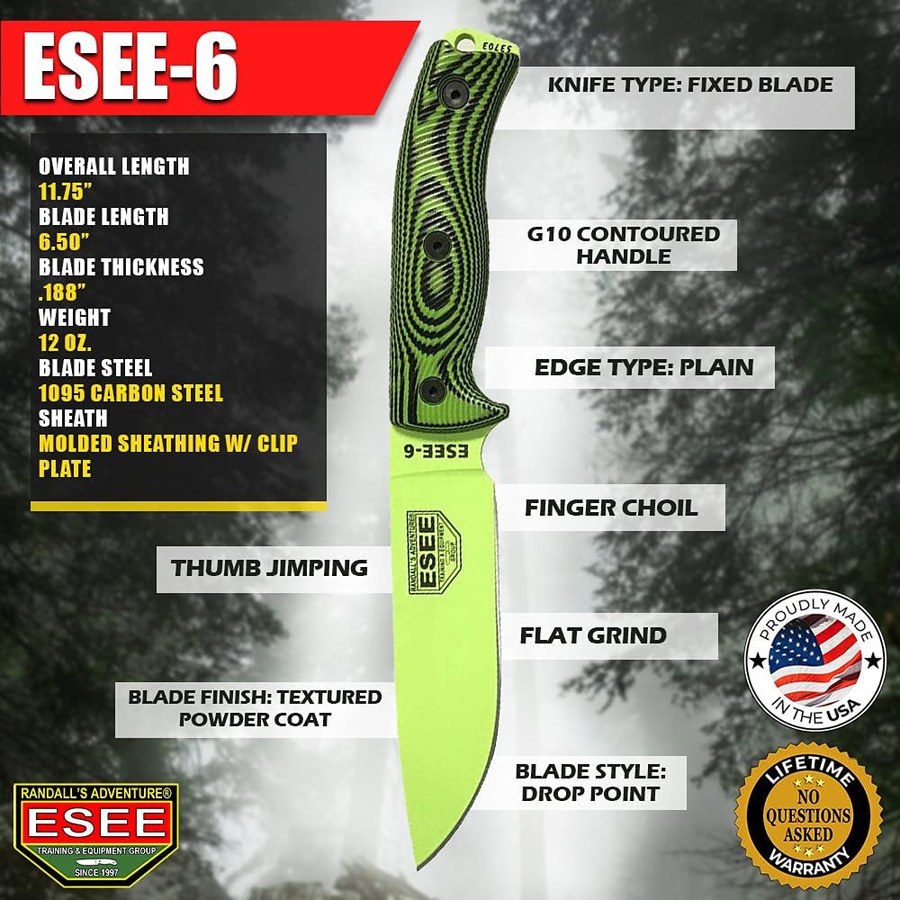 ESEE-6 1095 Carbon Steel, Black Sheath (Venom Green Blade, Neon Green/Black G10 3D Handle)