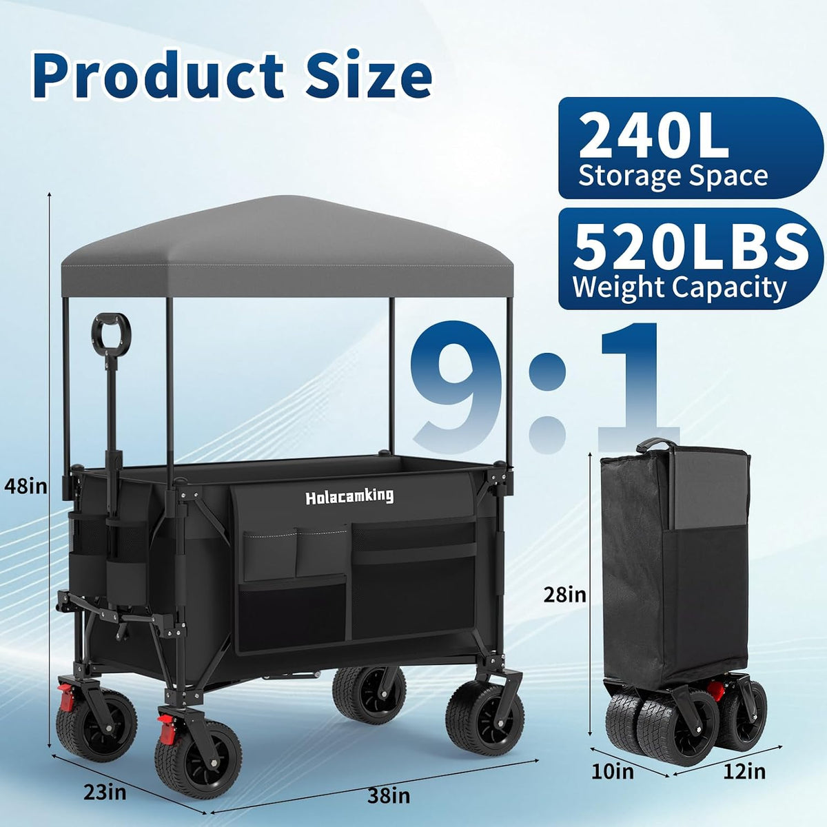 Collapsible Canopy Wagon Cart, Heavy Duty Utility Wagon with Removable Sun Cover, All-Terrain Big Wheels, Dual Brakes, Extra Large Grocery Cart for Beach Camping Sports Tailgates, Black