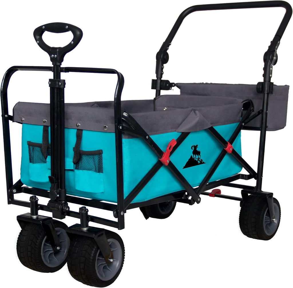 Folding Utility Wagon | Heavy-Duty Collapsible Cart with Brakes & Adjustable Handle | for Gardening, Beach Trips, Camping, Shopping & Outdoor Transport (Turquoise/Grey)