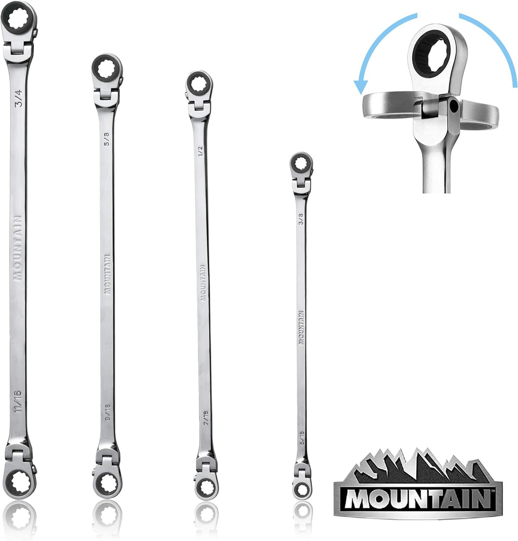 Mountain RF7 SAE Reversible Double Raised Box Ratcheting Wrench Set, Universal Spline, 90 Tooth Design, 180 Degree Rotating Head, Sizes 5/16', 3/8', 7/16', 1/2', 9/16' 5/8', 11/16', 3/4', 4-Piece