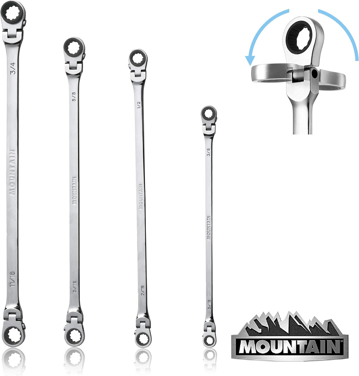 Mountain RF7 SAE Reversible Double Raised Box Ratcheting Wrench Set, Universal Spline, 90 Tooth Design, 180 Degree Rotating Head, Sizes 5/16', 3/8', 7/16', 1/2', 9/16' 5/8', 11/16', 3/4', 4-Piece