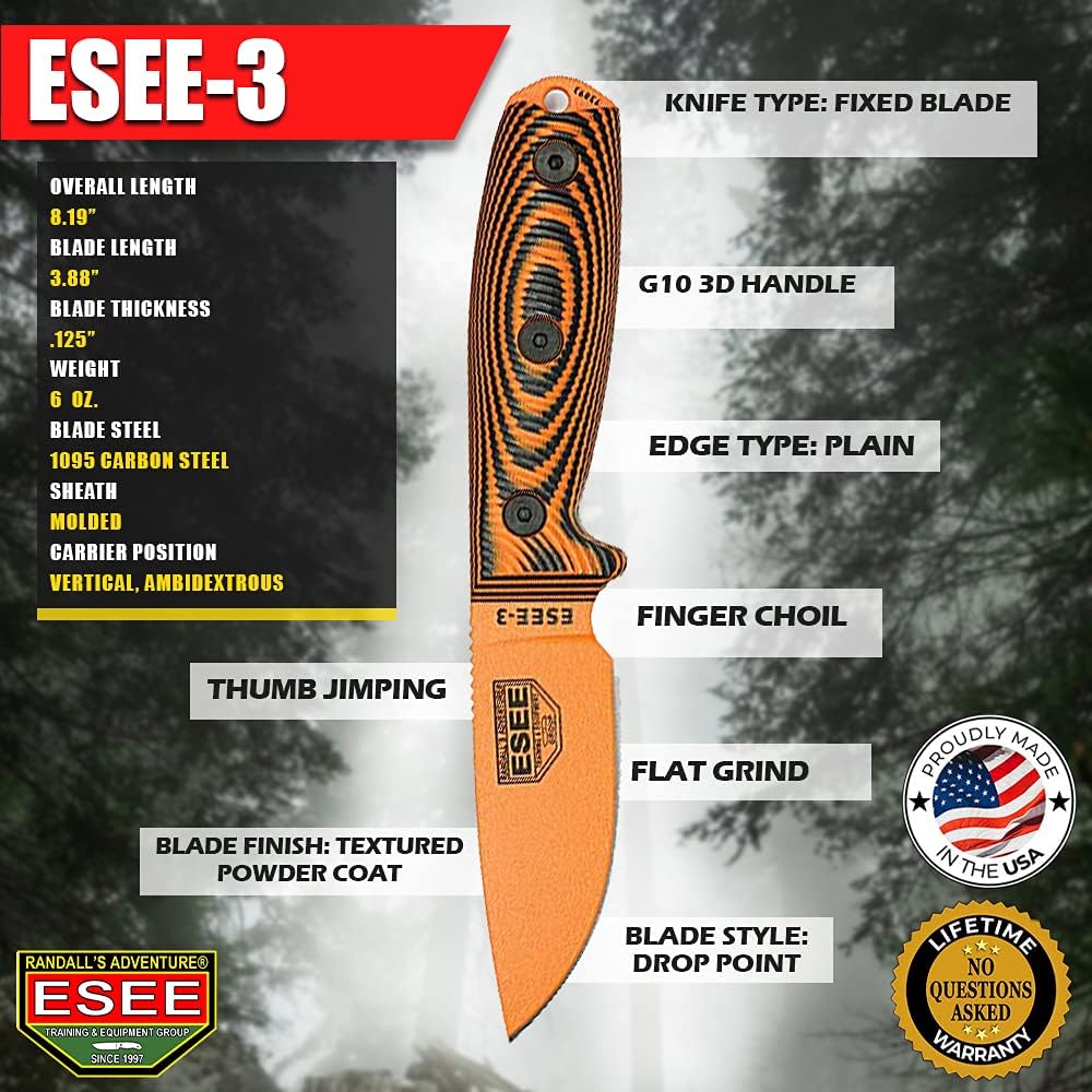 ESEE-3 1095 Carbon Steel, Black Sheath (Orange Blade, Orange/Black G-10 3D Handle)