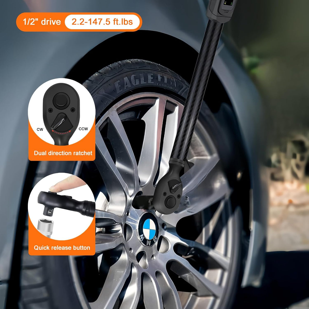 Digital Torque Wrench 1/2 Drive with Carbon Fiber Body, 2.2-147.5 Ft.lb Range, ±1% Accuracy with Vibration, Buzzer and LED Alert, Suitable for Car, Motorcycle and Bicycle