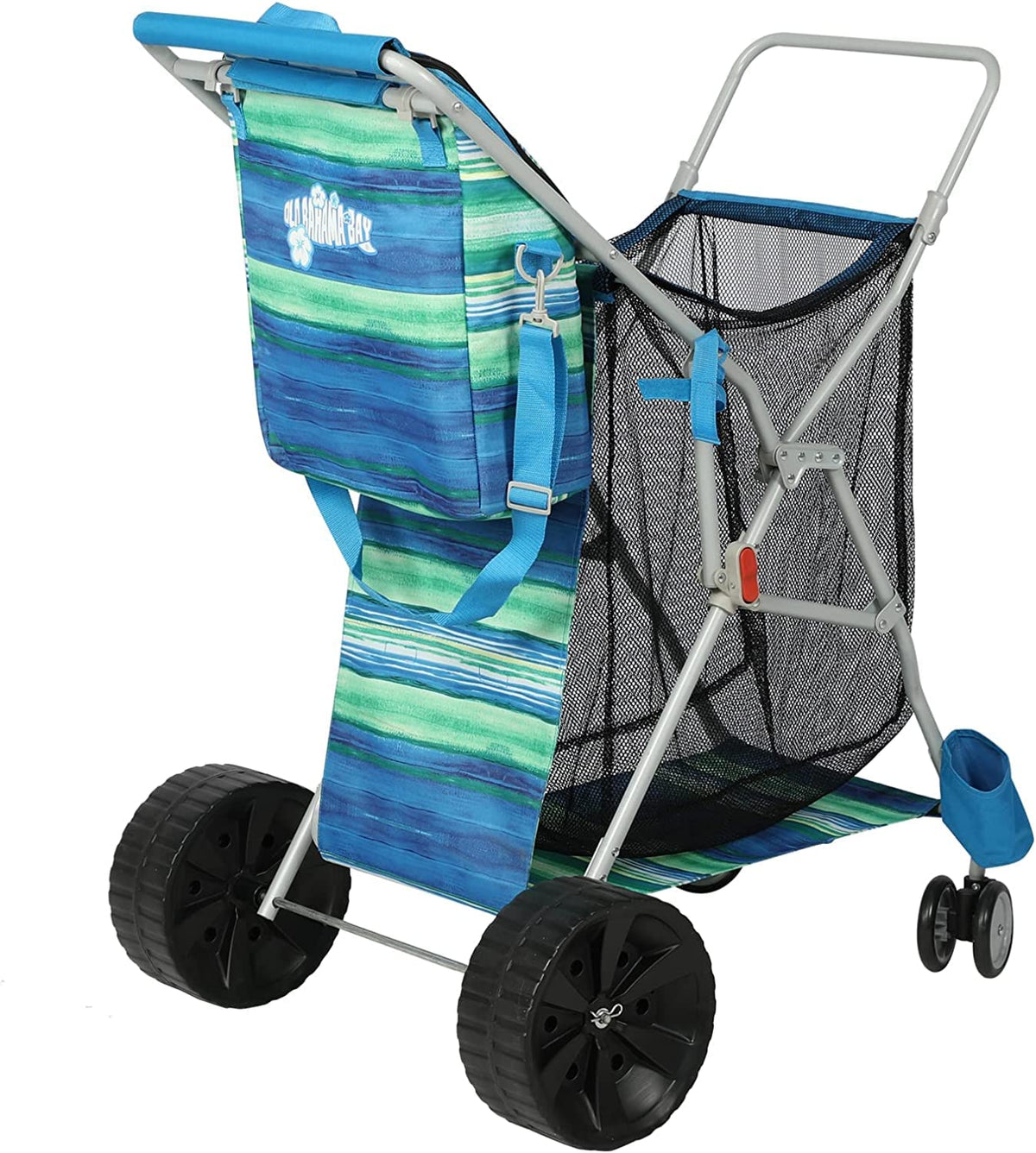 Old Bahama Bay Beach Cart with Big Wheels for Sand, Folding All Terrain Wheels Beach Wagon with Cooler Bag Umbrella Holder, Big Mesh Storage Capacity for Outdoor Camping, Supports 100lbs, Blue/Green