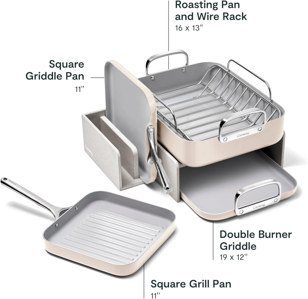 Caraway Square Cookware Set - Square Pans Set - Perfect for Griddling, Toasting, Searing, Roasting, and More - Non-Stick Ceramic Coated Pans - Non Toxic, PTFE & PFOA Free - Cream
