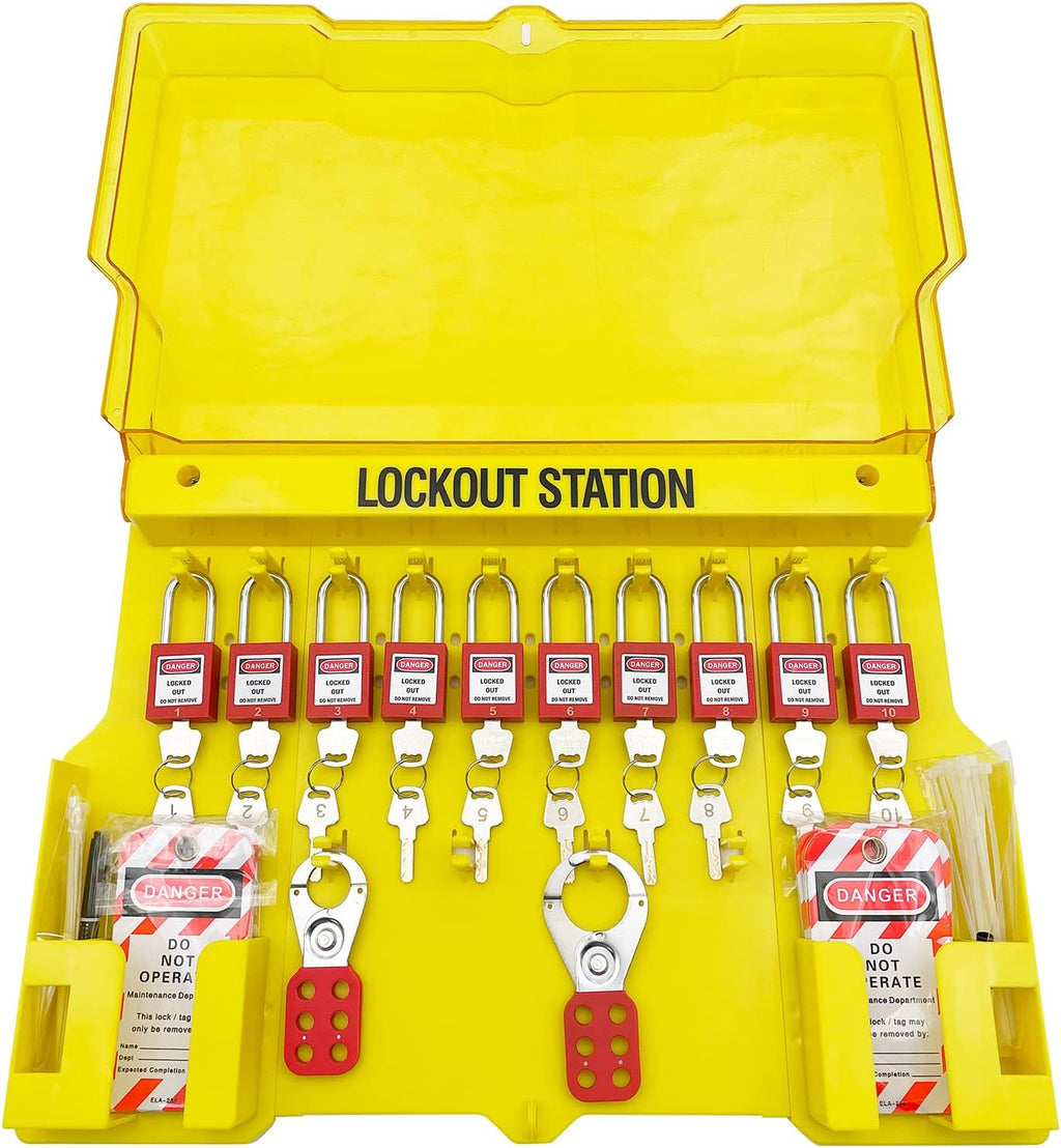 Lockout Tagout Station,Loto Kits, Includes 14 Key Different Padlocks with Numbers, 4 Lockout Hasps, 40 Lockout Tags, 20 Nylon Cable (Big Lock Station) Yellow