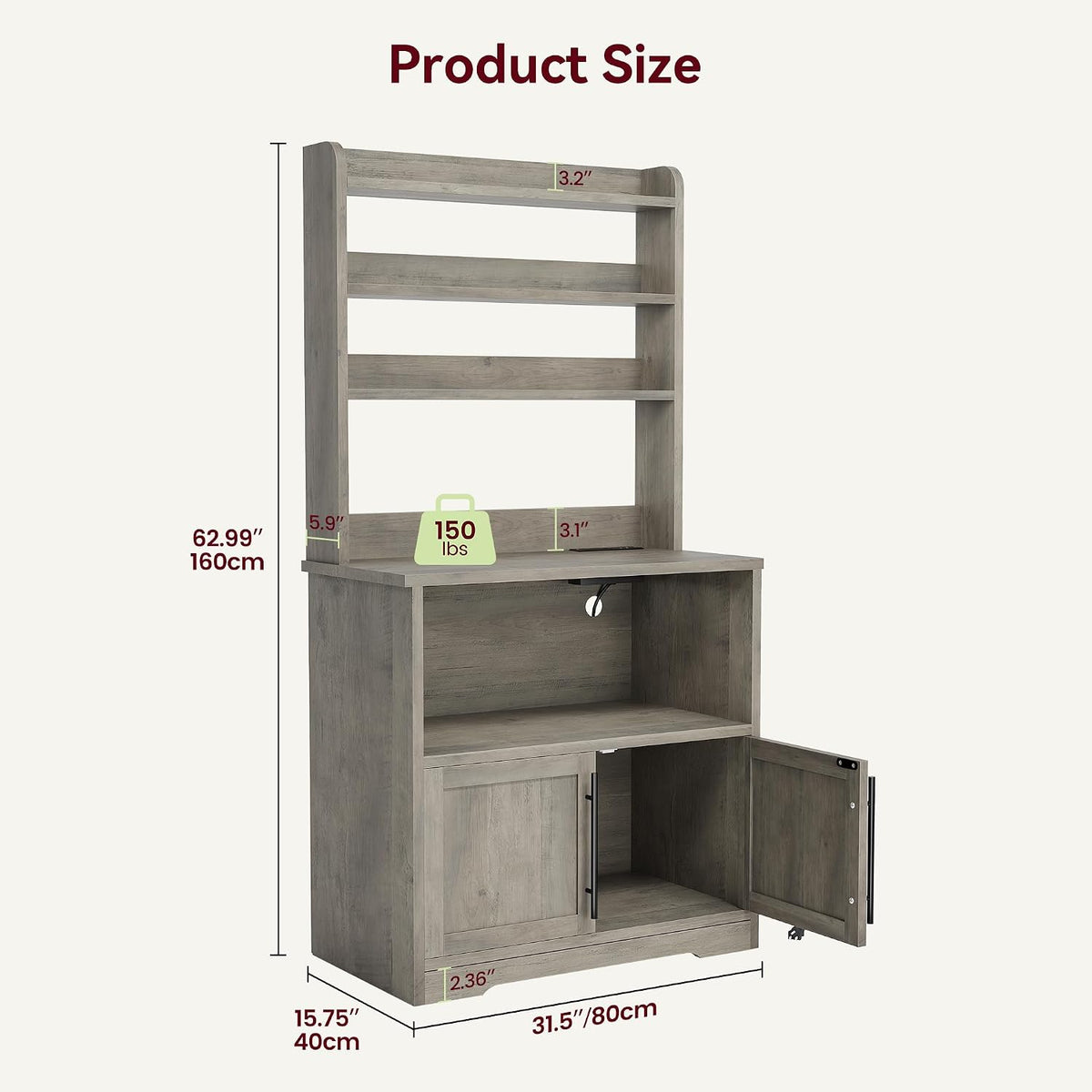 Farmhouse Bakers Rack with Power Outlets & Adjustable Shelf, Microwave Stand with Storage Cabinet - Kitchen Hutch, Coffee Bar Cabinet for Pantry Organization, Spices, Dishes & Cookware (Gray)