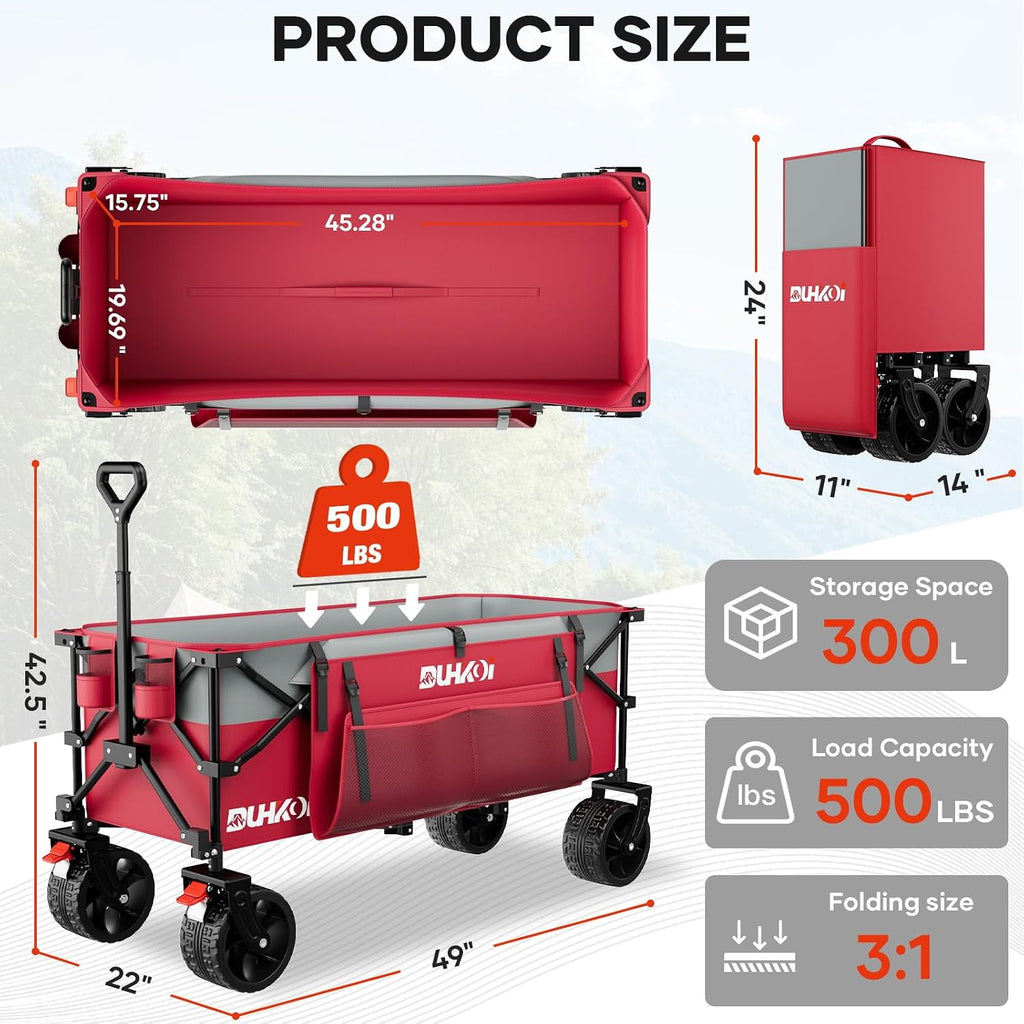 49' L Collapsible Extended Wagon with 500lbs Weight Capacity,300L Heavy Duty Sports Wagon,Big All-Terrian Wheels with Cup Holders,Cart for Sports,Grocery,Shopping,(Rosepink)