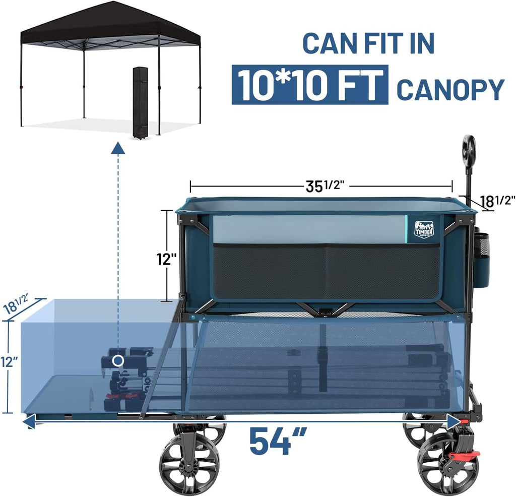 TIMBER RIDGE 400L Large Capacity Folding Double Decker Wagon with Brakes, 54' Extra Long Extender Wagon Cart, 450lbs Heavy Duty Collapsible Cart, All-Terrain Big Wheels for Camping, Sports, Shopping