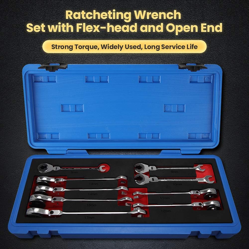 Anbull Metric Tubing Combination Wrench Set 9pcs(8-17mm), Ratcheting Wrench Set with 180°Open Flex-head, Tubing Ratchet Wrench Set with 72 Gears Cr-V Steel Constructed