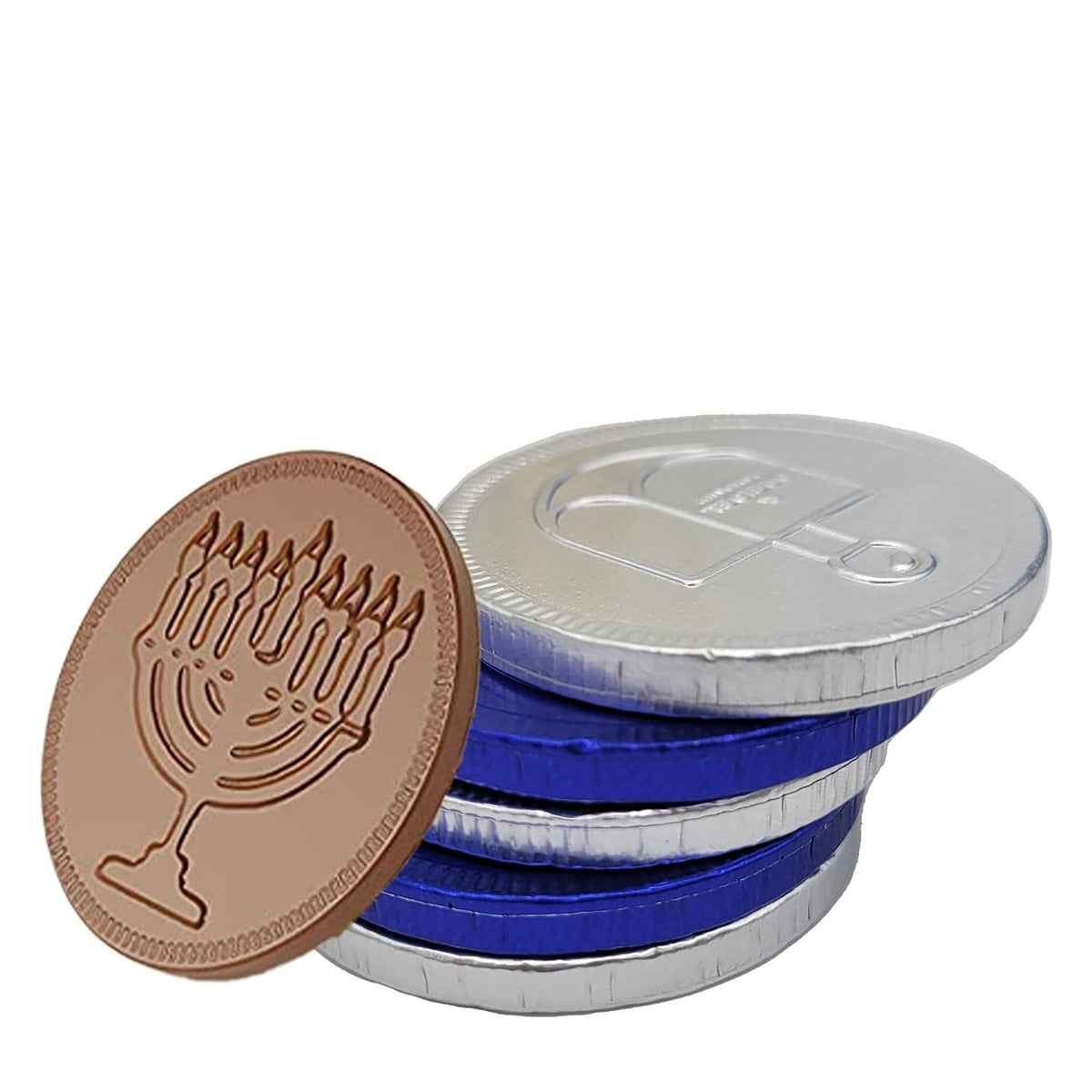 The Dreidel Company 1000-Pack Milk Chocolate Coins, Hanukkah Gelt, Blue And Silver Coins,With Dreidel and Menorah Designs Made with Premium Belgian Chocolate, Nut-Free, Gluten-Free, Non-GMO, Kosher Certified Dairy