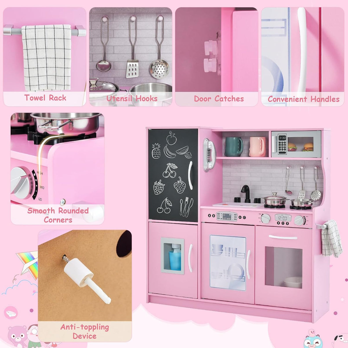 MAT EXPERT Kids Kitchen Playset, Wooden Chef Pretend Toy Kitchen w/Chalkboard, Ice Maker, Cookware Accessories, Telephone, Oven, Microwave, Play Kitchen for Toddlers, Gift for Boys Girls 3+ (Pink)