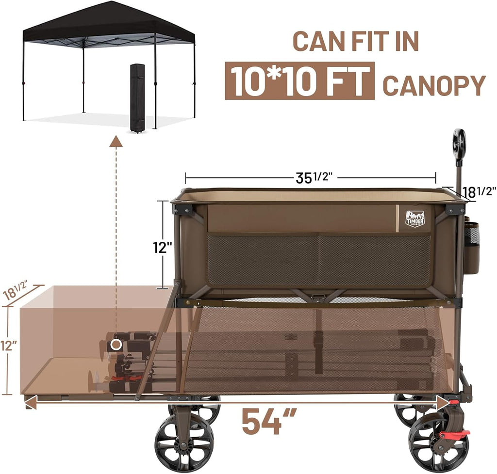 TIMBER RIDGE 400L Large Capacity Folding Double Decker Wagon with Brakes, 54' Extra Long Extender Wagon Cart, 450lbs Heavy Duty Collapsible Cart, All-Terrain Big Wheels for Camping, Sports, Shopping