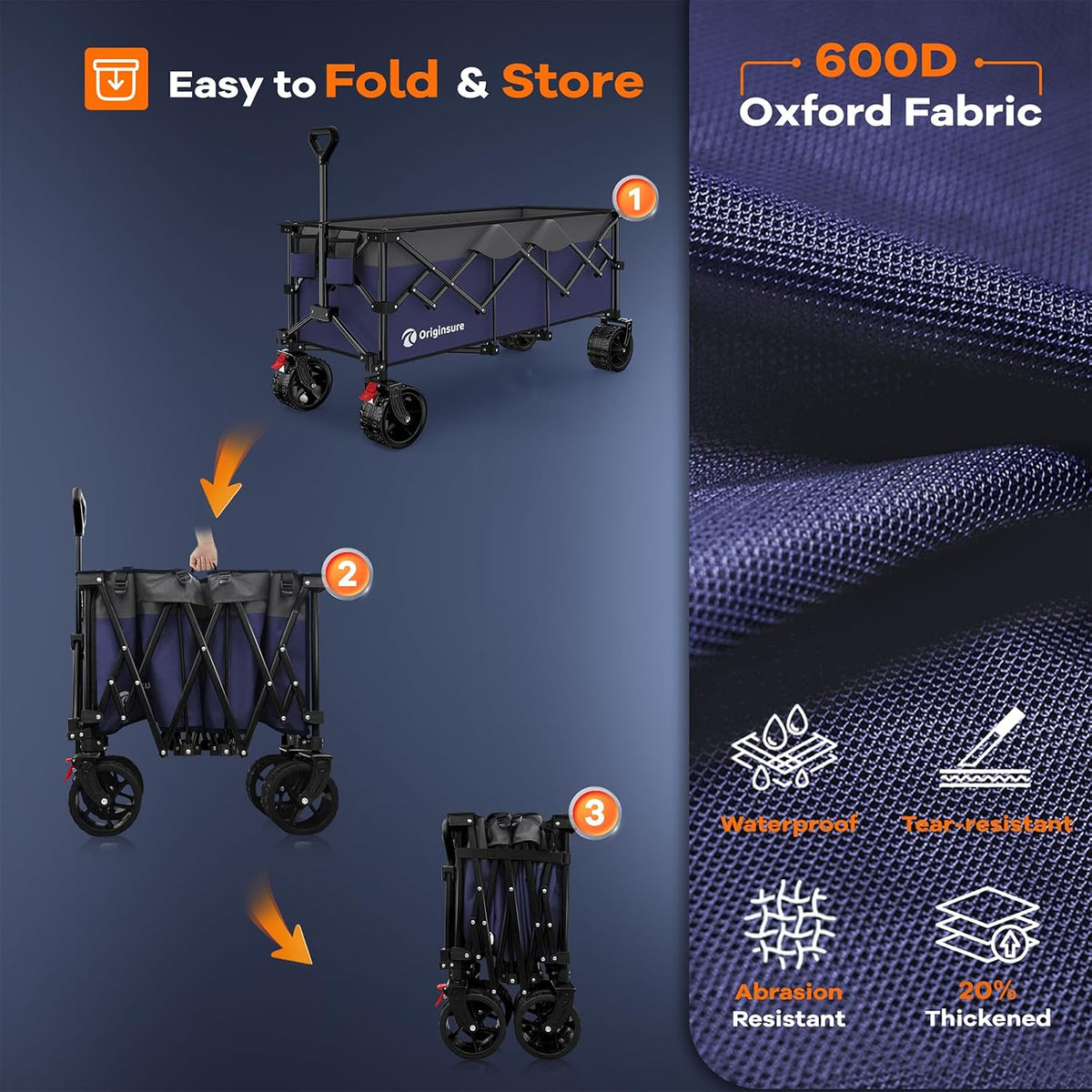 Originsure 48' L Collapsible Wagon Cart Foldable, 560lbs Weight Capacity 300L Heavy Duty Folding Beach Wagons with Big All-Terrain Wheels, Utility Carts for Groceries, Camping, Sports - Grey&Purple