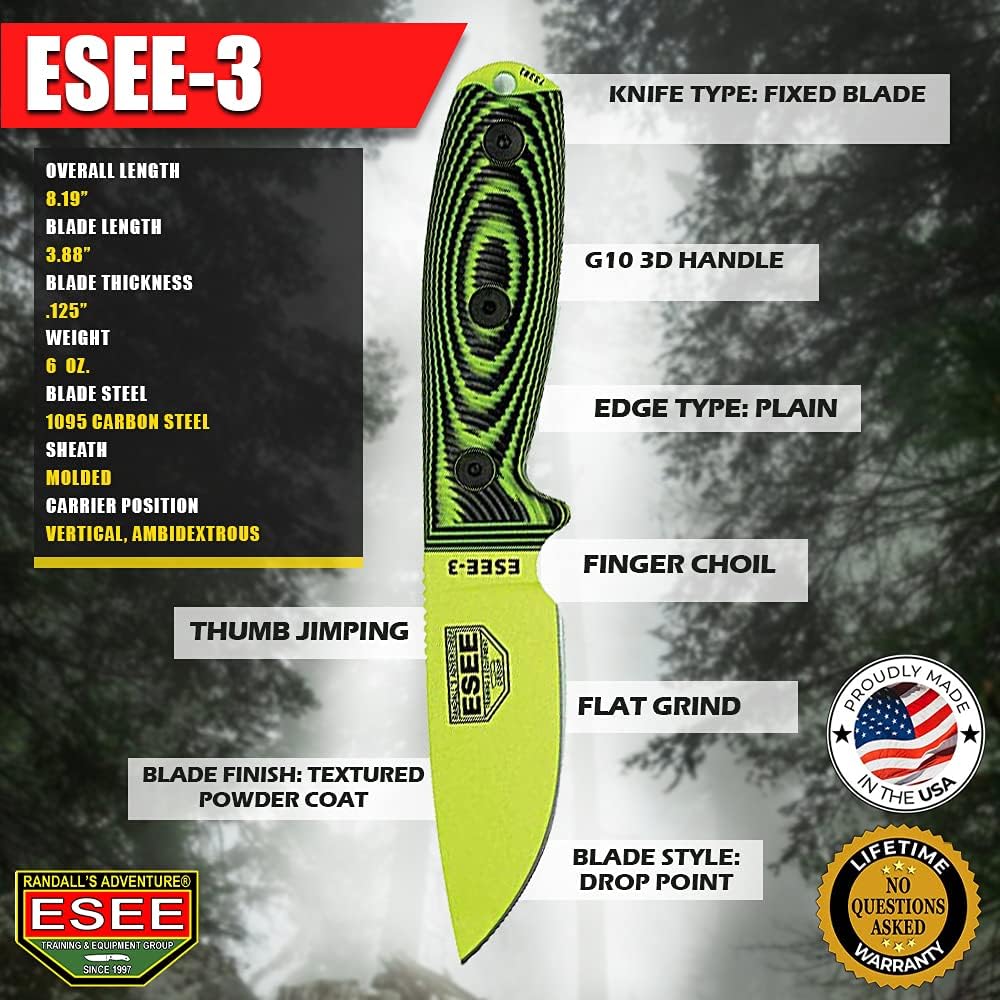 ESEE-3 1095 Carbon Steel, Black Sheath (Venom Green Blade, Neon Green/Black G-10 3D Handle)