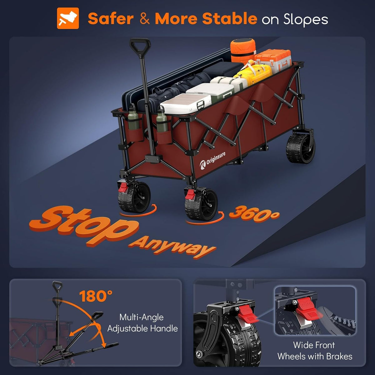 Originsure 48' L Collapsible Wagon Cart Foldable, 560lbs Weight Capacity 300L Heavy Duty Folding Beach Wagons with Big All-Terrain Wheels, Utility Carts for Groceries, Shopping, Camping, Sports-red