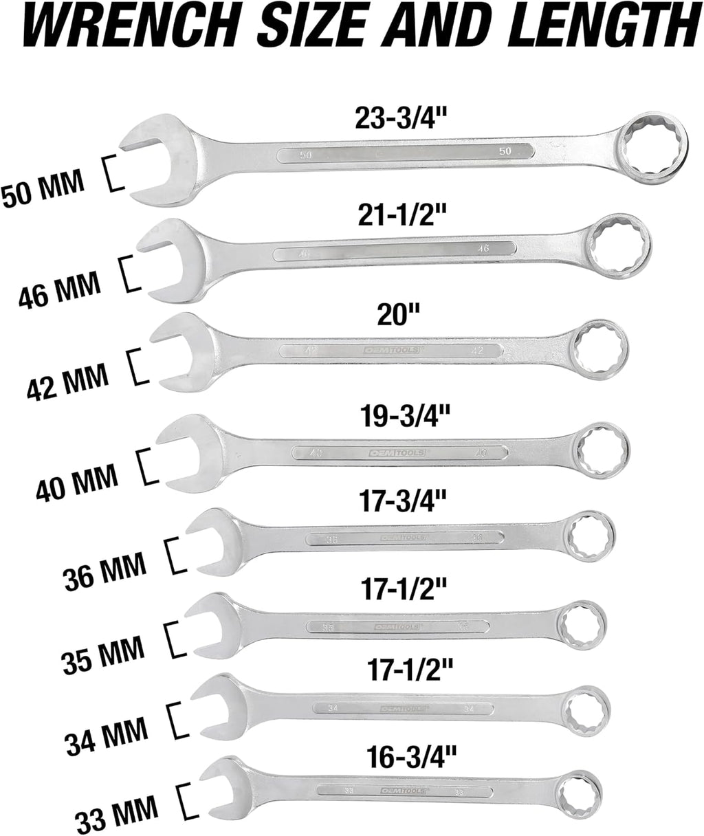 OEMTOOLS 22121 8-PC Metric Jumbo Combination Wrench Set, 33mm-50mm, 12 Pt. Box End Metric Wrench Set, 15° Offset Wrenches, Chrome Plated Finish with Wrench Roll