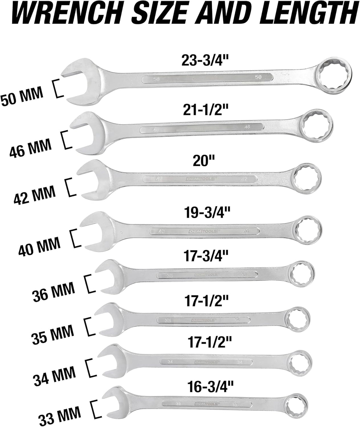 OEMTOOLS 22121 8-PC Metric Jumbo Combination Wrench Set, 33mm-50mm, 12 Pt. Box End Metric Wrench Set, 15° Offset Wrenches, Chrome Plated Finish with Wrench Roll