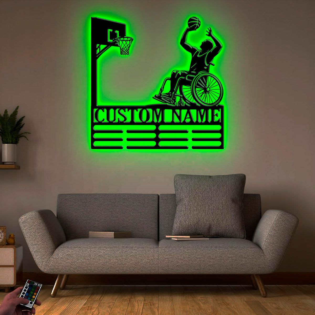 Custom Wheelchair Basketball Medal Holder LED Light, Wheelchair Basketball Player Name Medal Hanger Display, Rack For Tiered Award Ribbon, Metal Sign Gift For Athlete