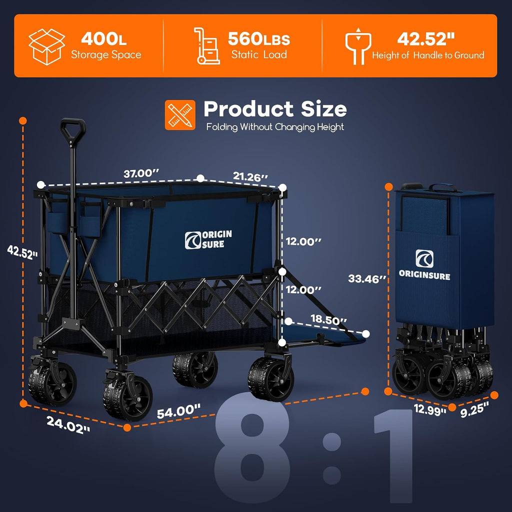Originsure 400L Double Decker Wagon Collapsible with 54' L Tailgate, 560lbs Heavy Duty Carts Foldable, Extra Large Folding Beach Wagon with Big All-Terrain Wheels for Camping, Sports, Groceries, Blue