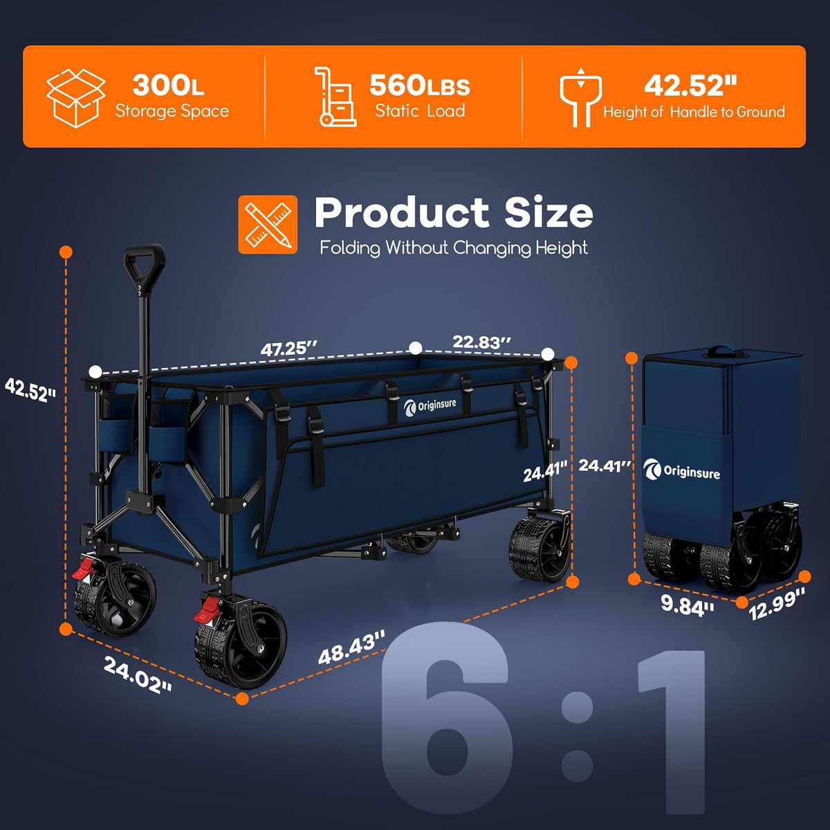 48' L Folding Beach Wagon Cart Foldable, 560lbs Weight Capacity 300L Heavy Duty Collapsible Wagons with Big All-Terrain Wheels, Utility Carts for Groceries, Shopping, Camping, Sports - Blue