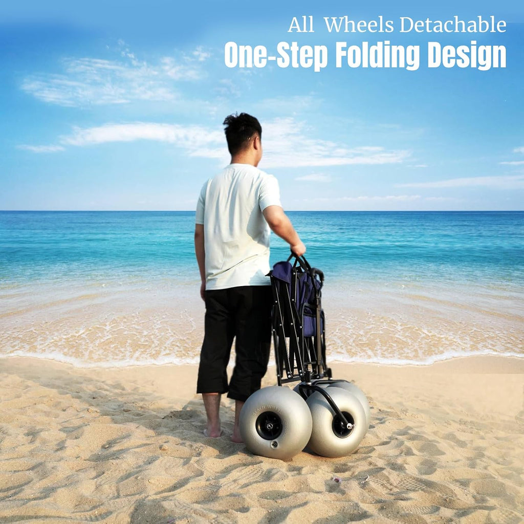 Beach Wagon with Balloon Wheels and Chair Racks, Collapsible Cart with Big Wheels for Sand, Heavy Duty 300 lbs Capacity, Folds Thin with Quick-Release Forks (13'' Wheel)
