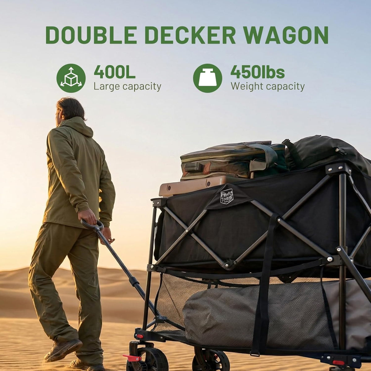 TIMBER RIDGE 400L Large Capacity Folding Double Decker Wagon with Brakes, 54' Extra Long Extender Wagon Cart, 450lbs Heavy Duty Collapsible Cart, All-Terrain Big Wheels for Camping, Sports, Shopping