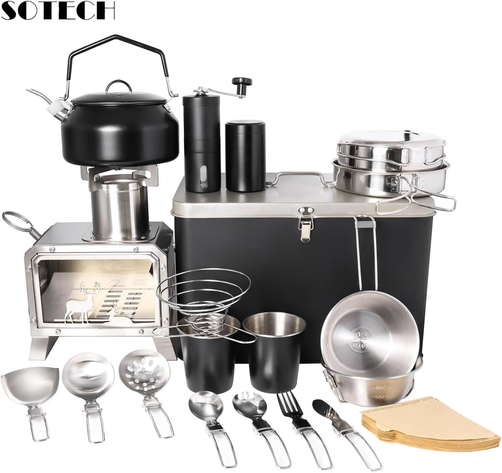 SOTECH Camping Cookware Set, 20 Pieces, Stainless Steel and Black