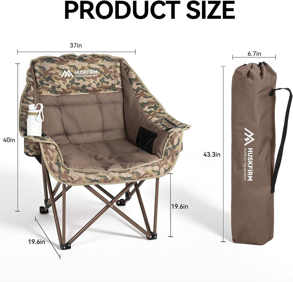 Huskfirm 2 Pack Camping Chairs Oversized Padded Camping Chair Heavy-Duty Foldable Camping Chairs with Cup Holder and Cooler Bag Portable Lawn Chair for Sports Outdoors-Support 450LBS, Camouflage