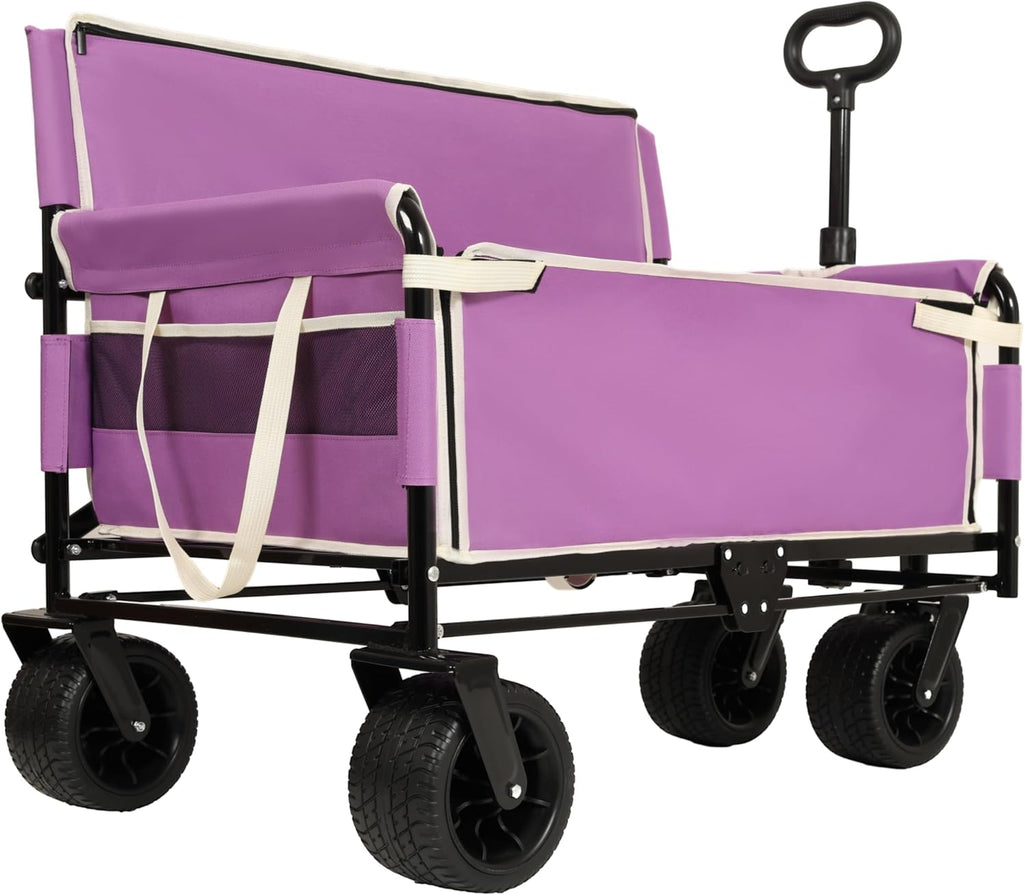 CIATRE 3-in-1 Heavy-Duty Convertible Folding Wagon Cart with Bench Seat & Storage – 500lb Capacity, 180L All-Terrain Wagon for Camping, Beach, Sports, & Garden – 360° Swivel Wheels (Purple)