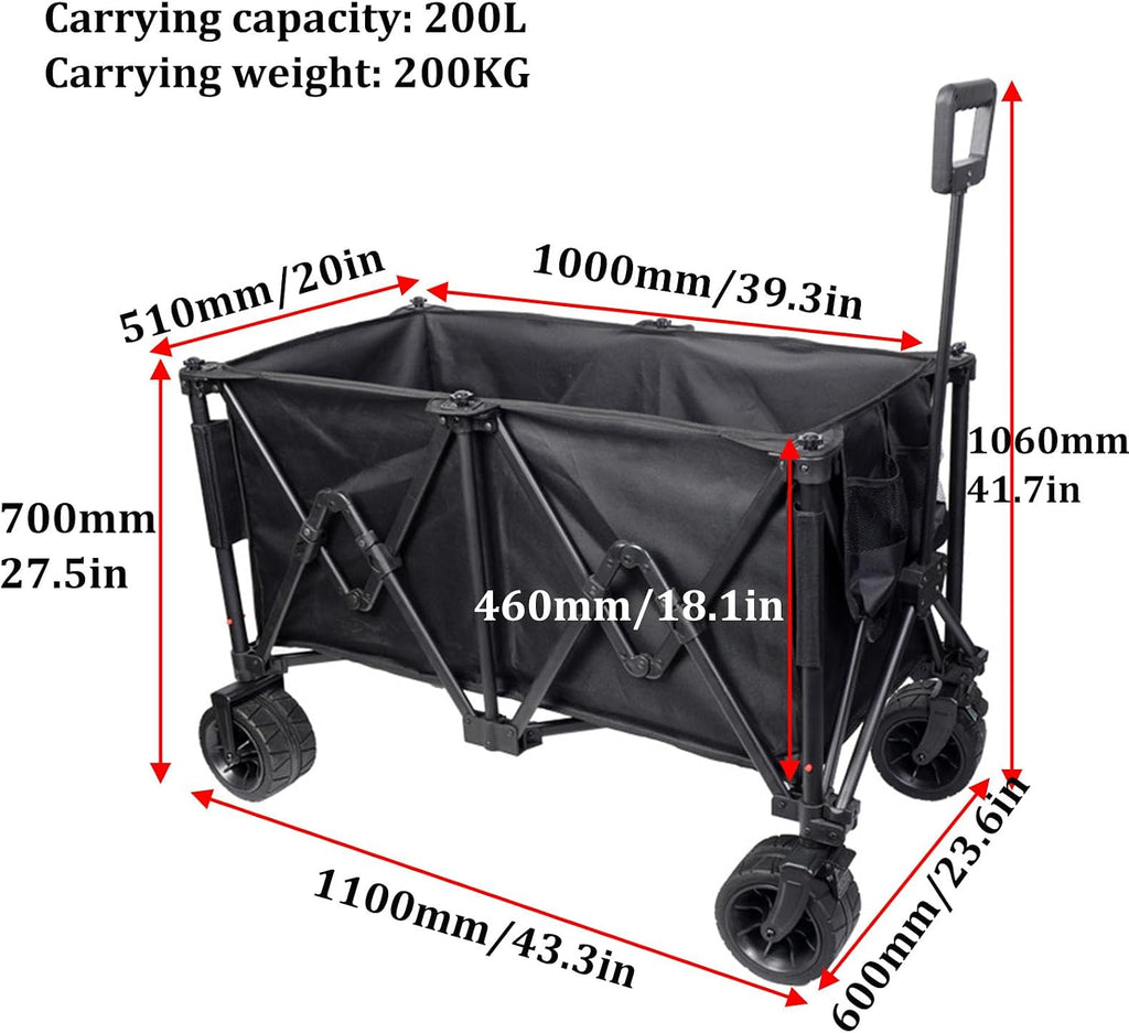 Black Garden Carts,Collapsible Wagon,Sports Outdoor Utility Wagon Garden Wagon Sports Heavy Duty Steel Frame Foldable Yard Car 200Kg Load Camping Cart