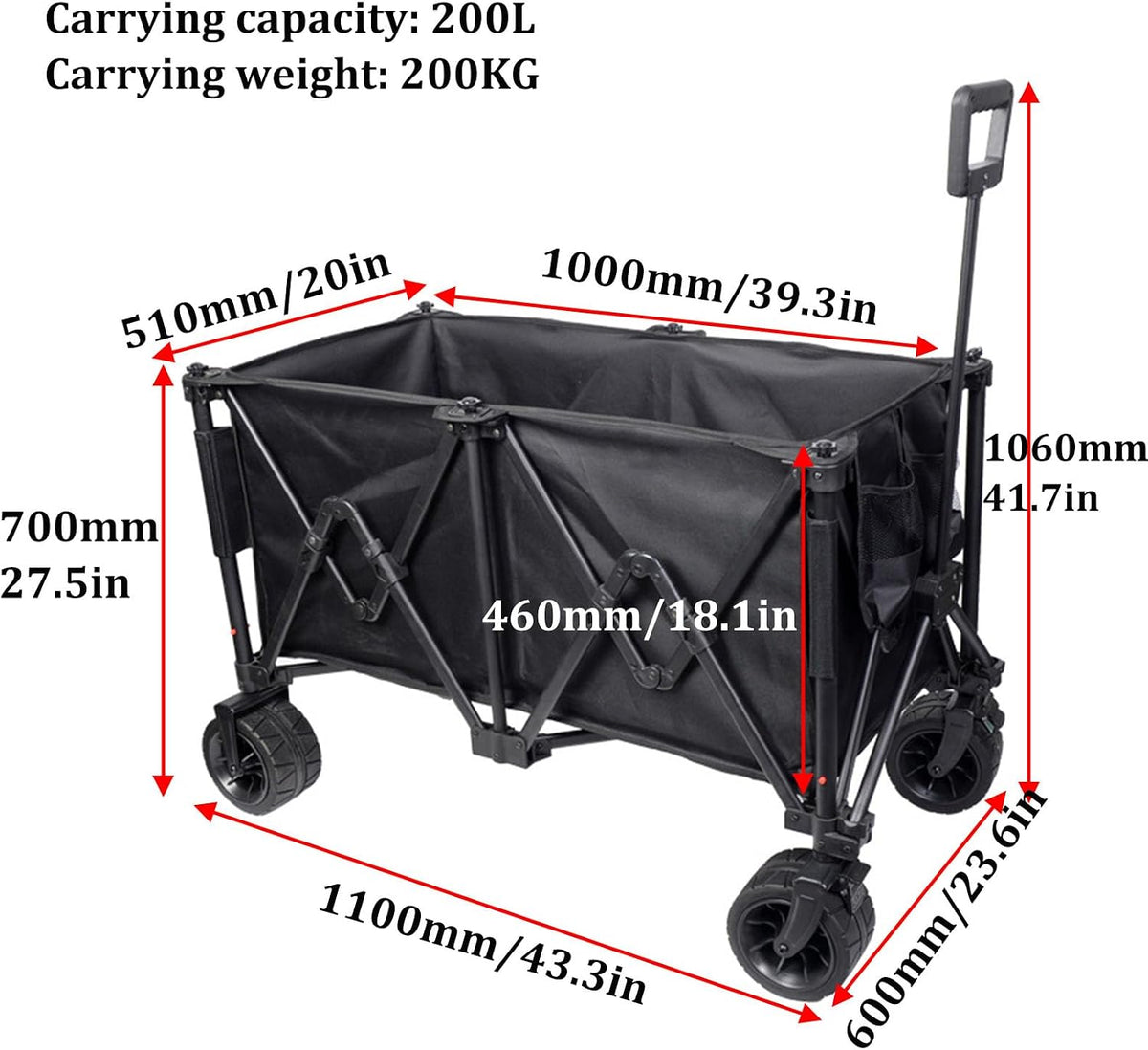 Black Garden Carts,Collapsible Wagon,Sports Outdoor Utility Wagon Garden Wagon Sports Heavy Duty Steel Frame Foldable Yard Car 200Kg Load Camping Cart
