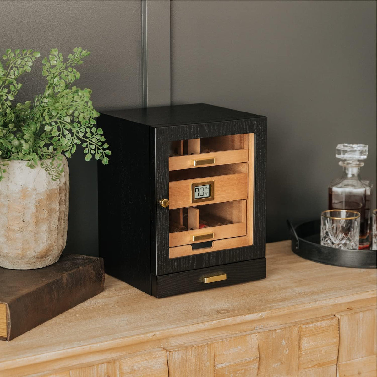 CASE ELEGANCE Luca Humidor Cabinet Stores 80-100, Cigar Humidor Box with Spanish Cedar, Glass Display, Easy Humidification System, Digital Hygrometer - Black
