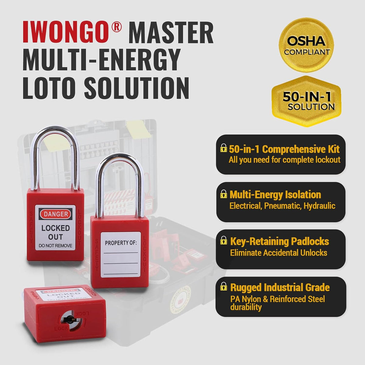 50 PCS Lockout Tagout Kit, OSHA Compliant Electrical Loto Kit, Safety Padlocks, Circuit Breaker Lockouts, Valve Lock, Hasp & Loto Tags, Industrial Safety Electrical & Mechanical
