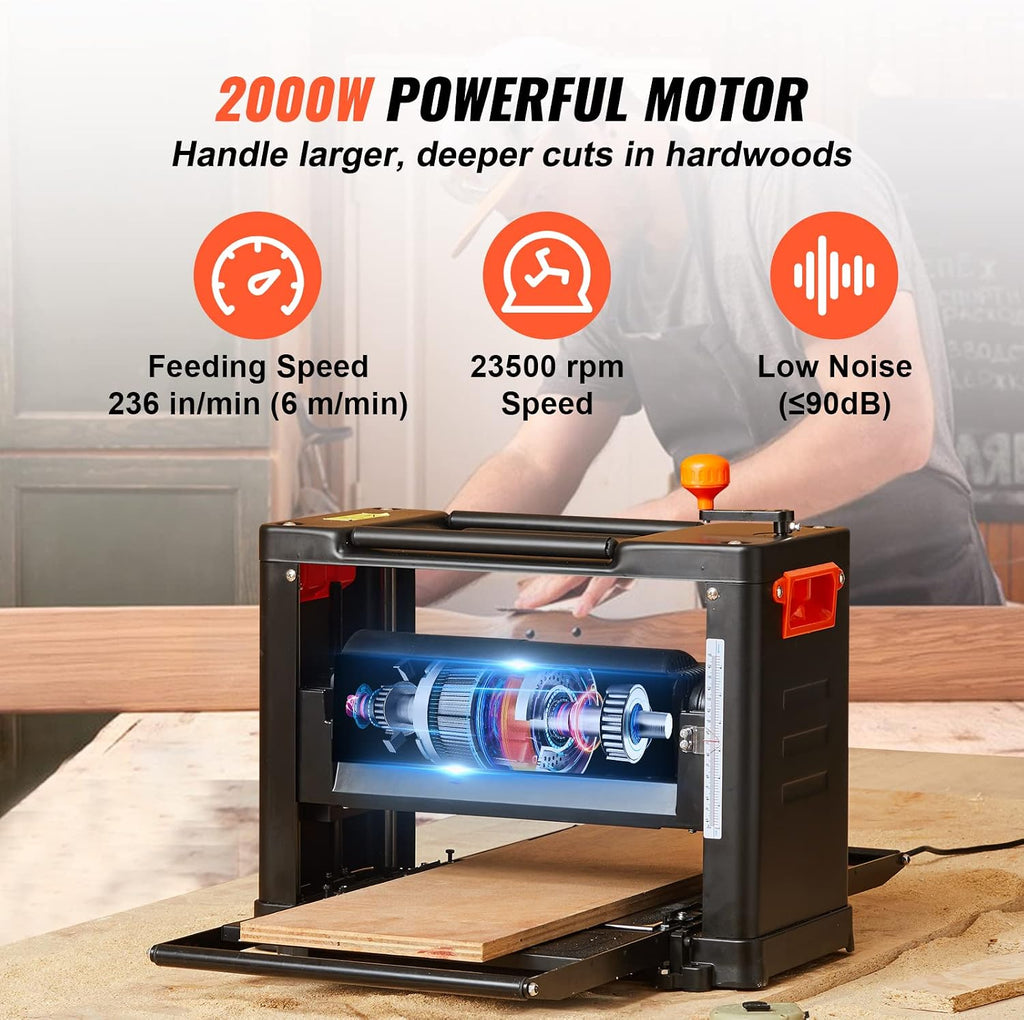 VEVOR Power Benchtop Planers, Three-Blade, Two Speed, 13' Width Worktable Thickness Planer with Extended Infeeding Table, Low Noise for both hard & soft wood material removal