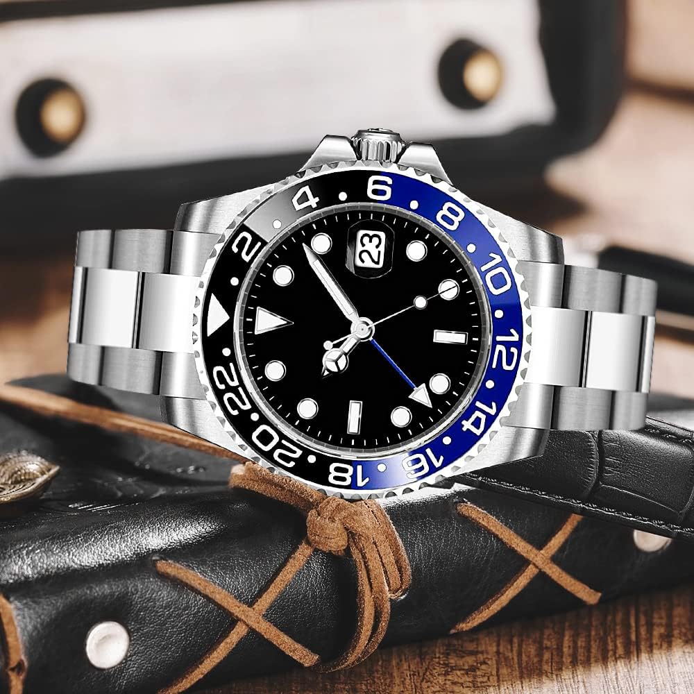 FANMIS GMT Master Sapphire Glass Blue and Black Ceramic Bezel Men's Silver Automatic Watch