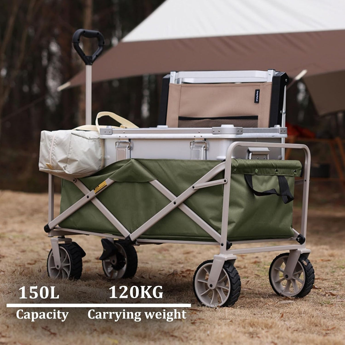 Garden Carts,Green Collapsible Wagon,Light Coffee Color Sports Outdoor Utility Wagon Folding Bearing 120Kg Garden Wagon Sports Heavy Duty Steel Frame Foldable Yard Car