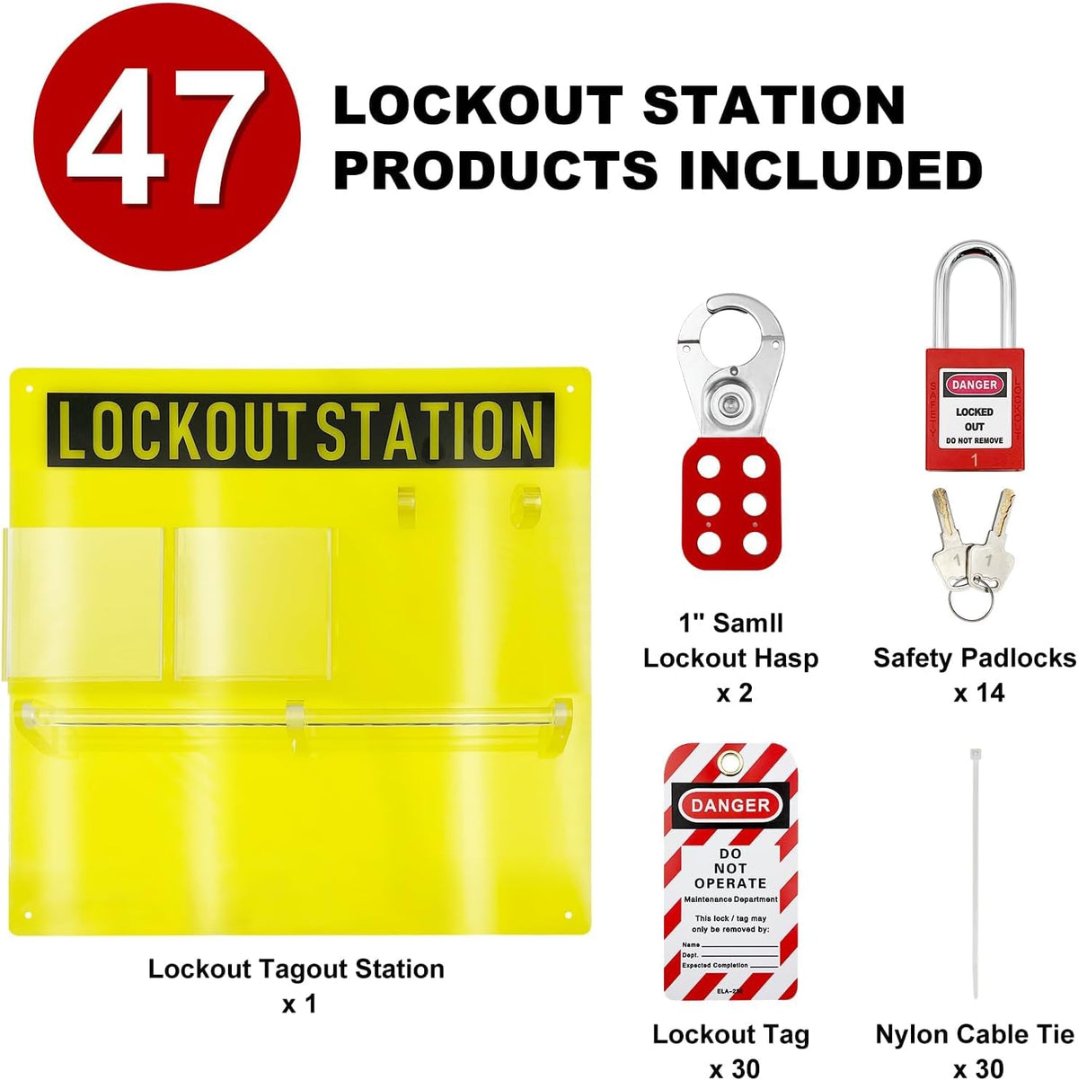 SAFBY Lockout Tagout Station Board Metal Kit with Lock Out Tag Out Loto 2 Hasps, 30 Tags, 30 Nylon Cable, 14 Locks with Number 1-14 (Yellow Lockout Station)