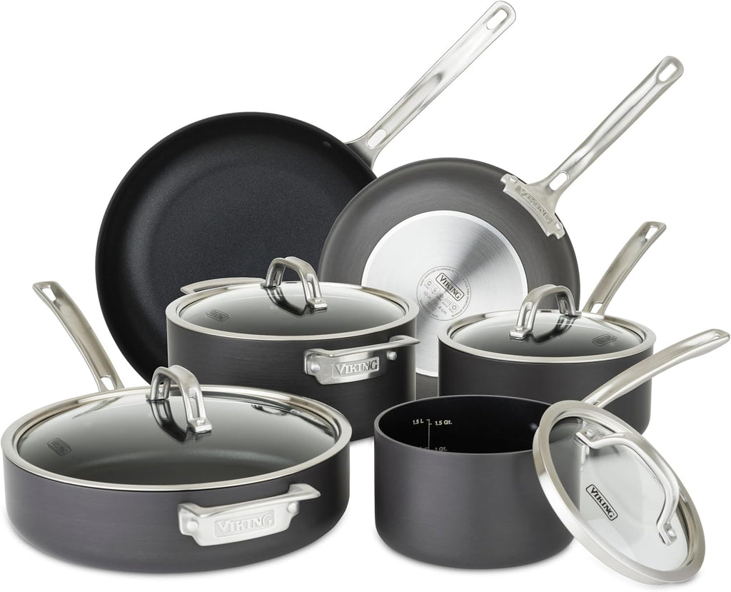 Viking Pots and Pans Set Non Stick, 10 Piece Hard Anodized Kitchen Cookware with Glass Lids, Black